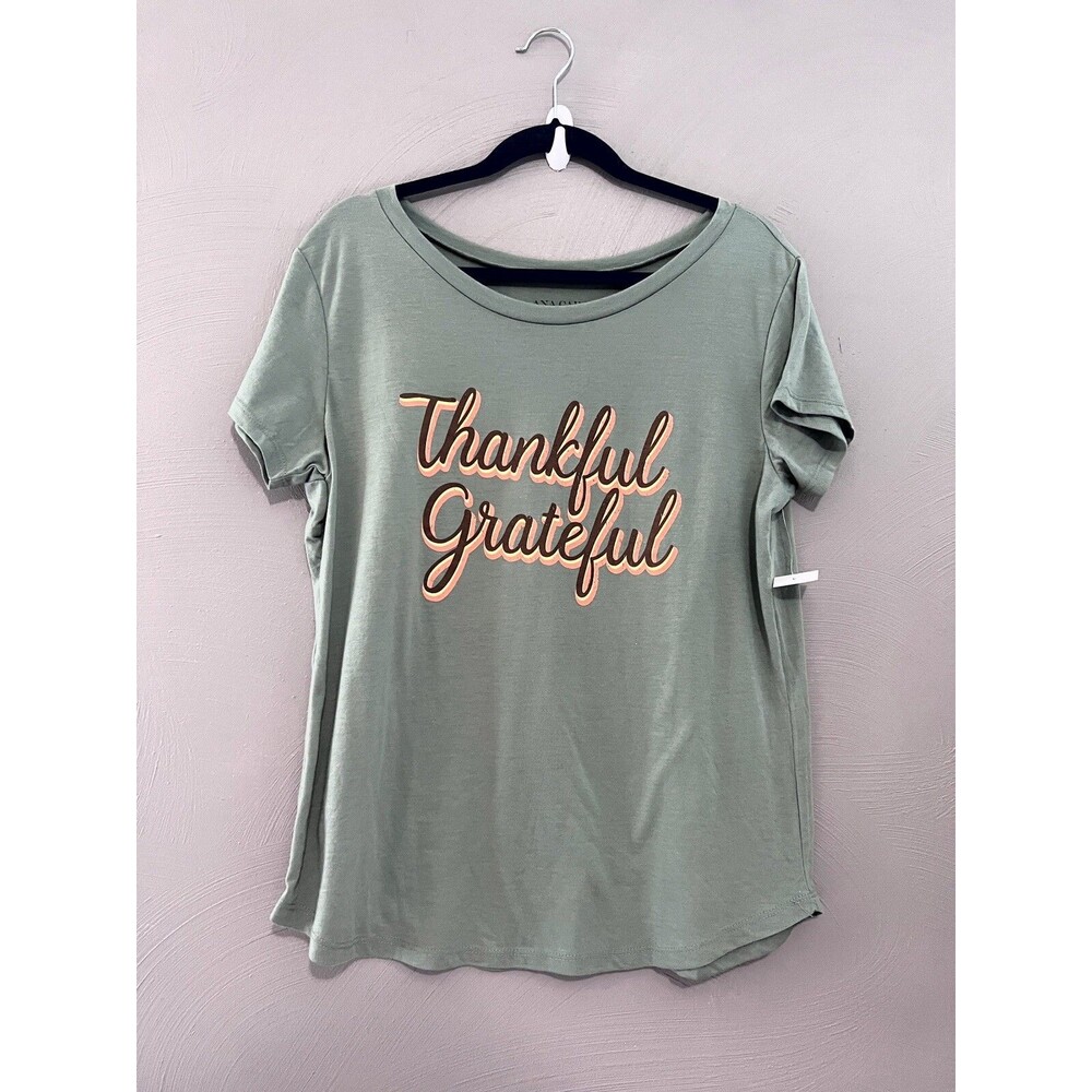 Women's Sz Large Thanksgiving Thankful Grateful T-shirt Top Green NEW
